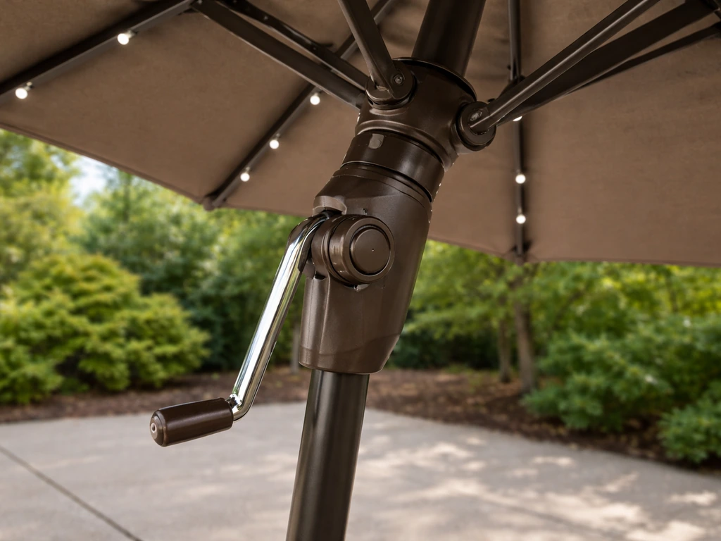 Close-up of a partially open solar umbrella showing the crank gear lift-and-tilt mechanism in action.