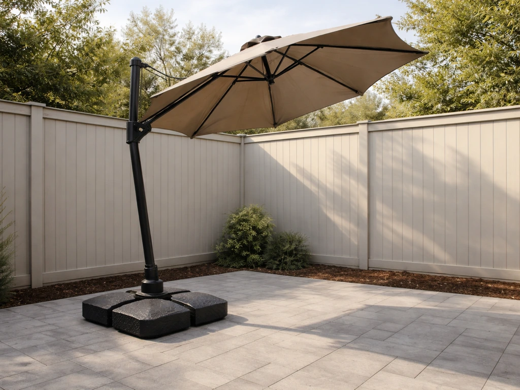 Offset patio umbrella in a sheltered yard, showing the heavy base and leverage from the curved pole.