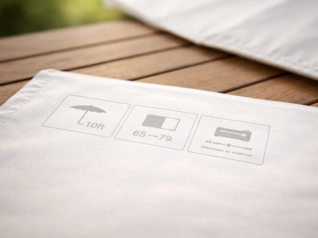 Close-up of a patio umbrella spec sheet label showing canopy diameter, frame material, and coverage area