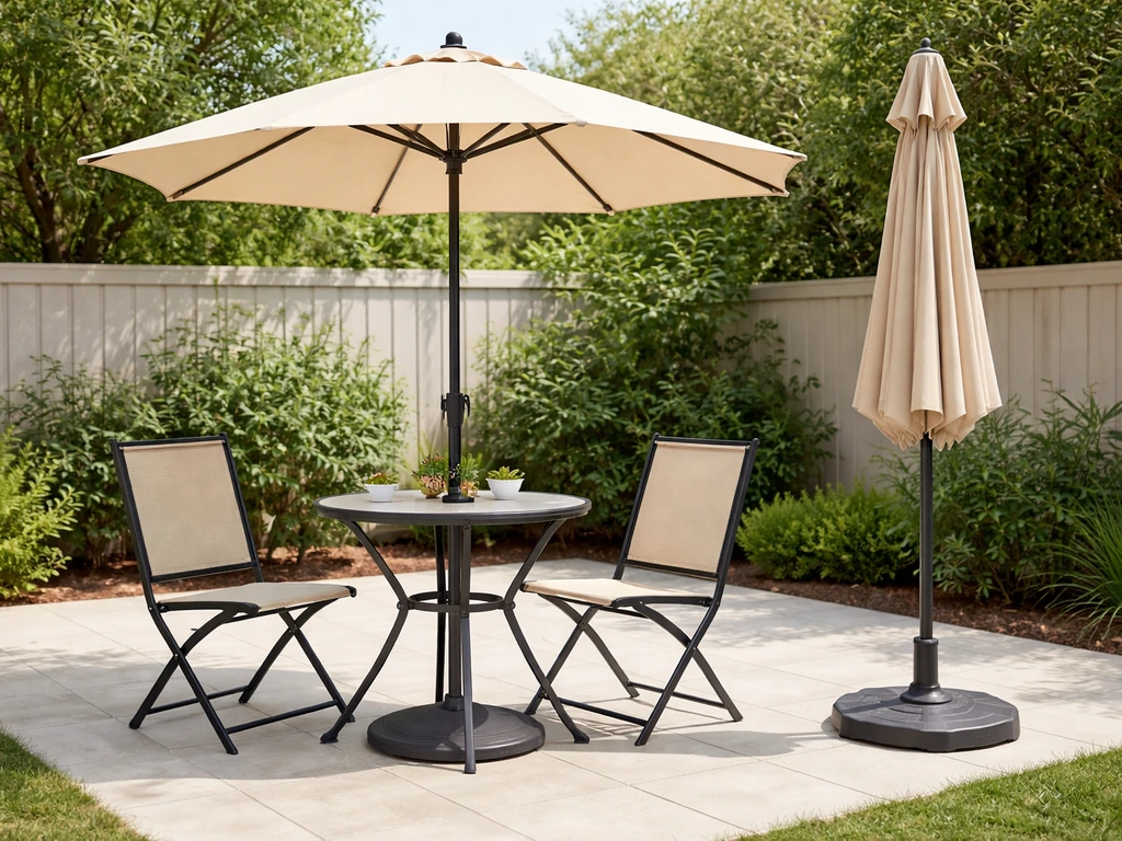 Bright patio dining set with an open best affordable patio umbrella and the closed umbrella beside it