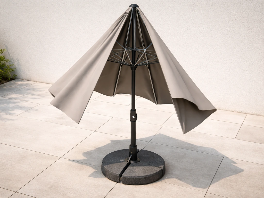 Top-down view of a patio umbrella with visible canopy, ribs, center pole, and weighted base in a simple yard setting.