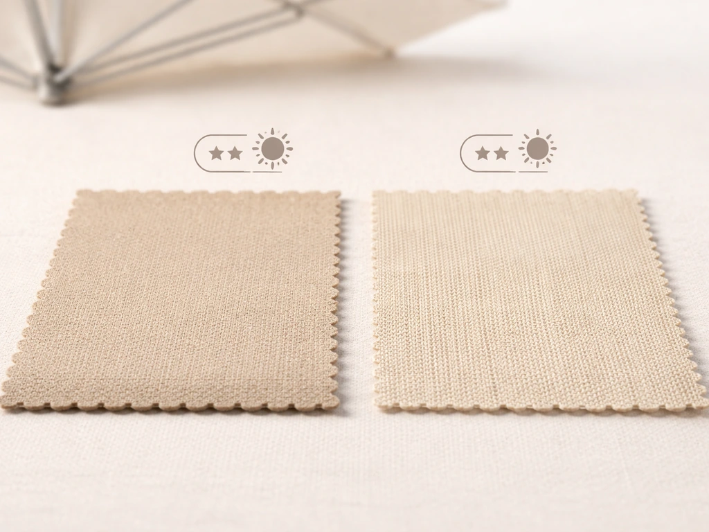 Two side-by-side umbrella fabric swatches showing dense UPF-like material versus lighter fabric under natural light.