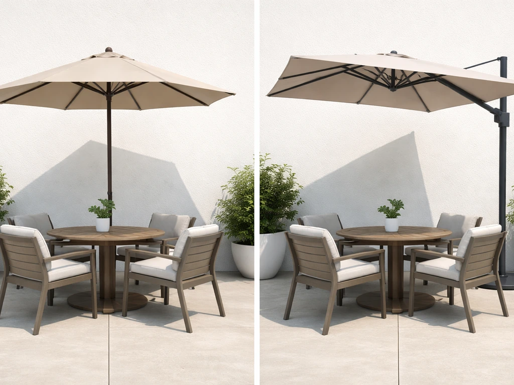 Split-style photo showing a center-pole market umbrella vs a side-pole cantilever umbrella affecting seating clearance.