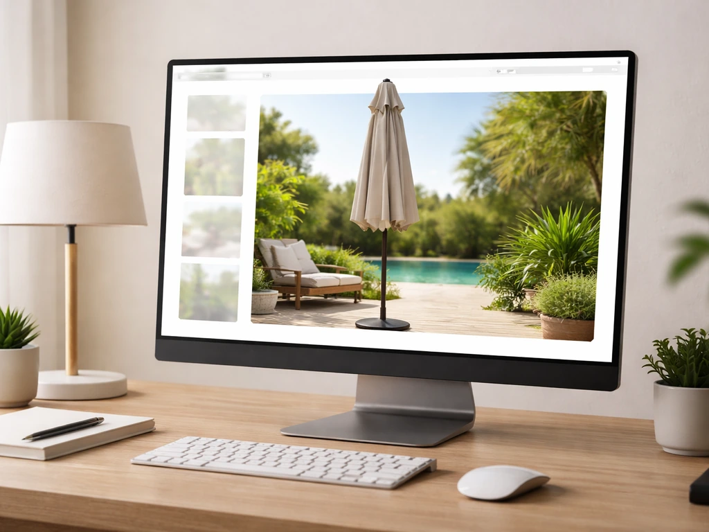 View of a monitor showing a patio umbrella sale page with an outdoor umbrella prominently displayed.