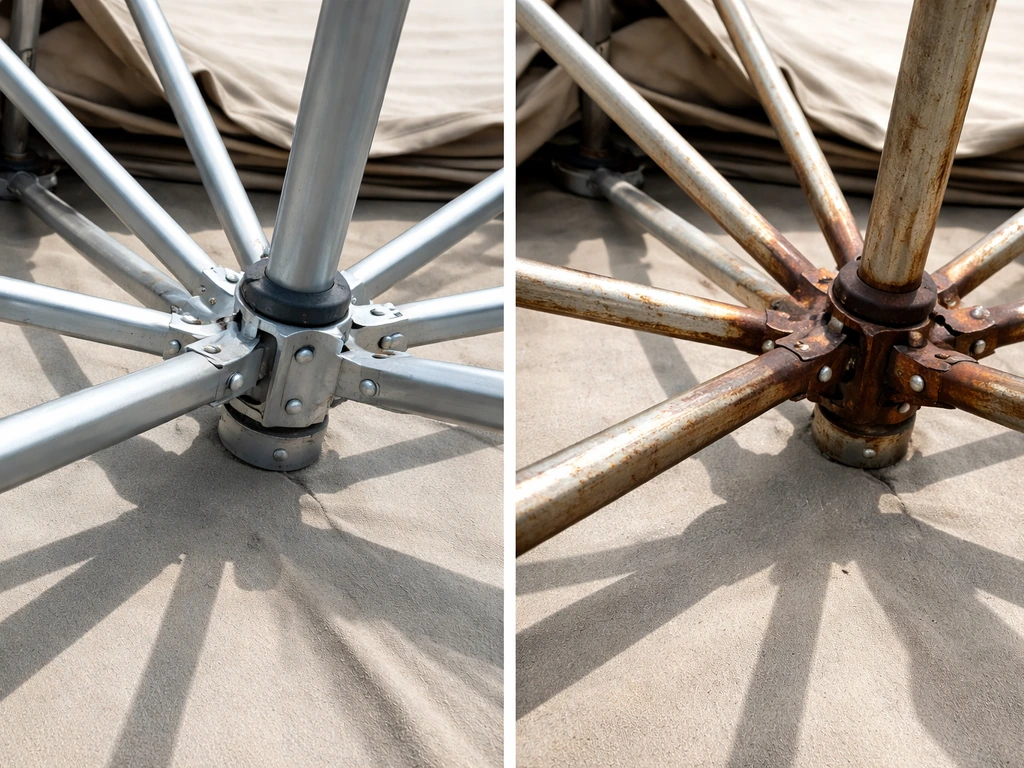 Split-view photo showing an aluminum umbrella frame beside a corroded frame to highlight rust resistance