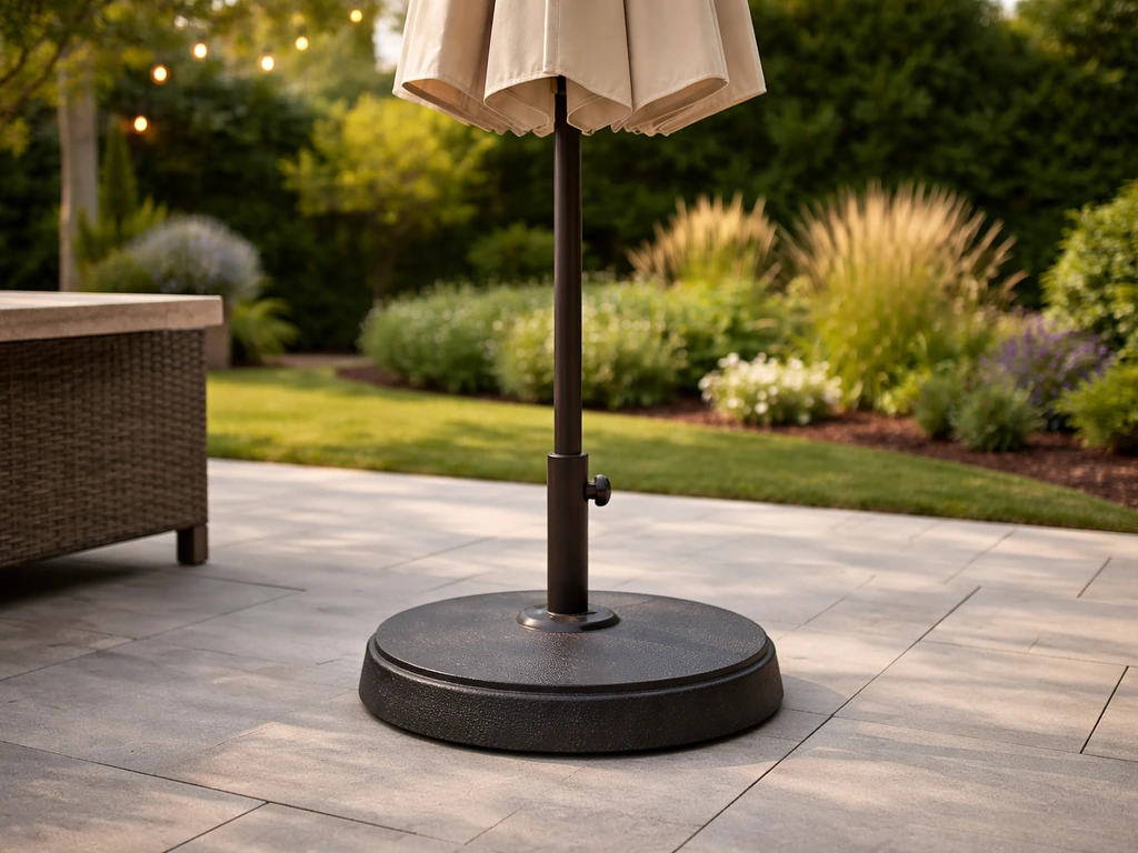 Outdoor patio with a standing umbrella and a heavy weighted base emphasizing stability
