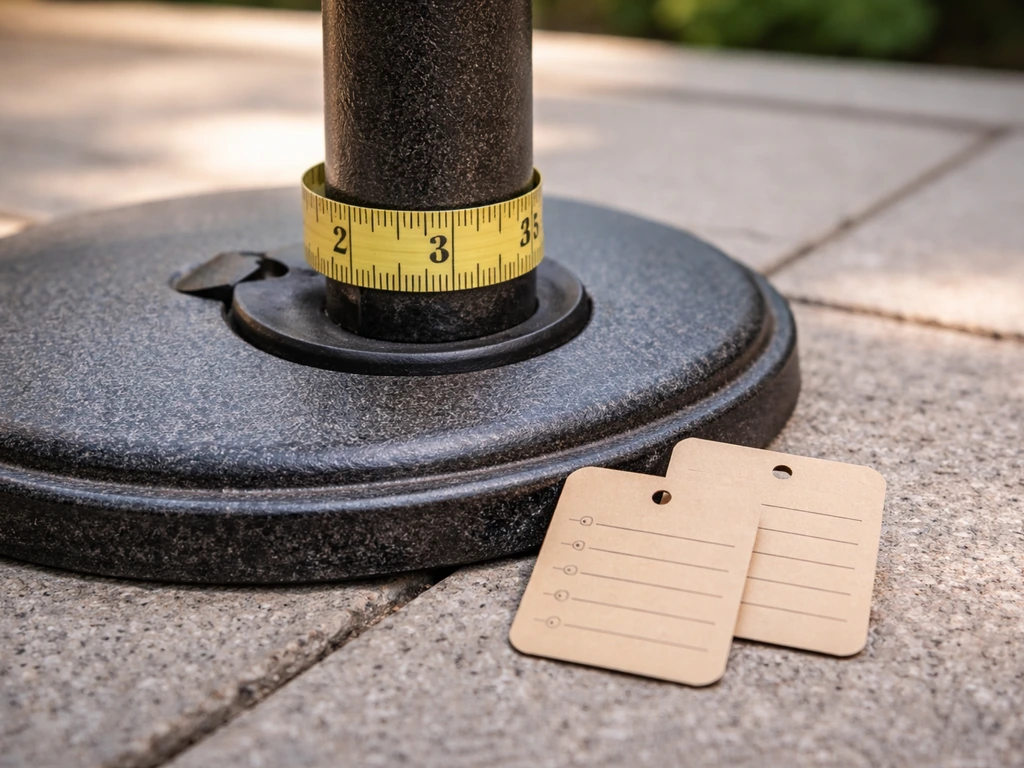Close-up of patio umbrella pole with a tape measure wrapped around it to show diameter.