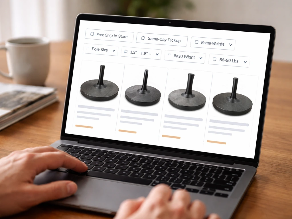 Laptop screen showing online filters for patio umbrella base delivery and pickup options and size choices.