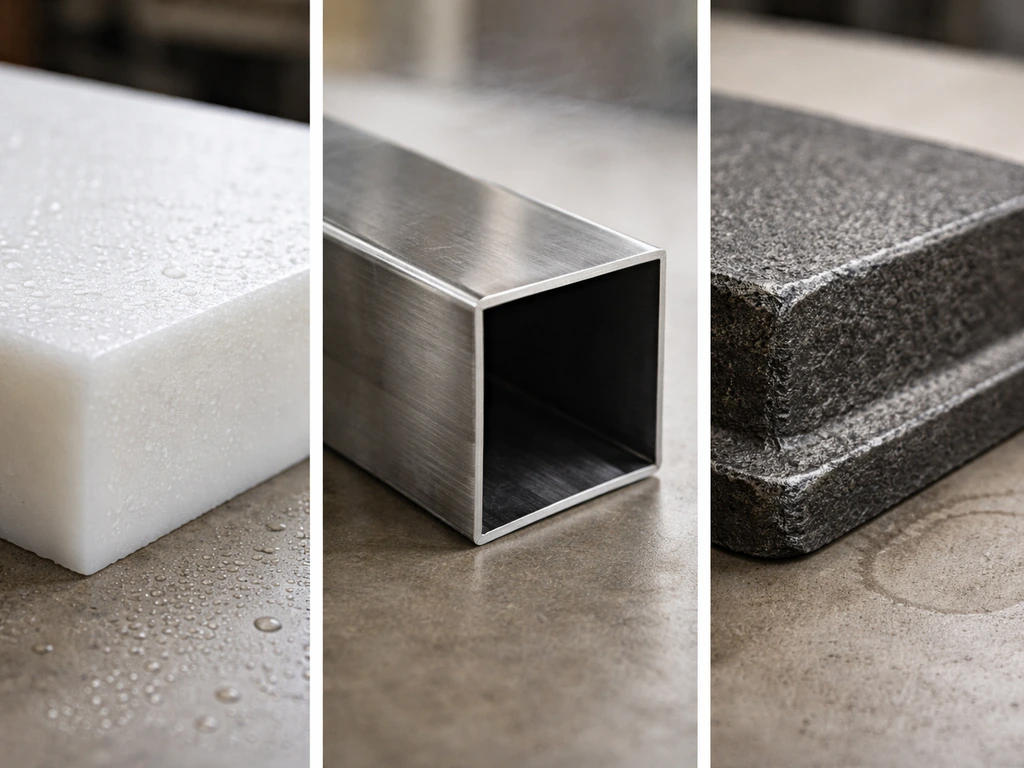 Closeups of HDPE/PE resin, metal frame, and cast iron base materials with subtle weather cues