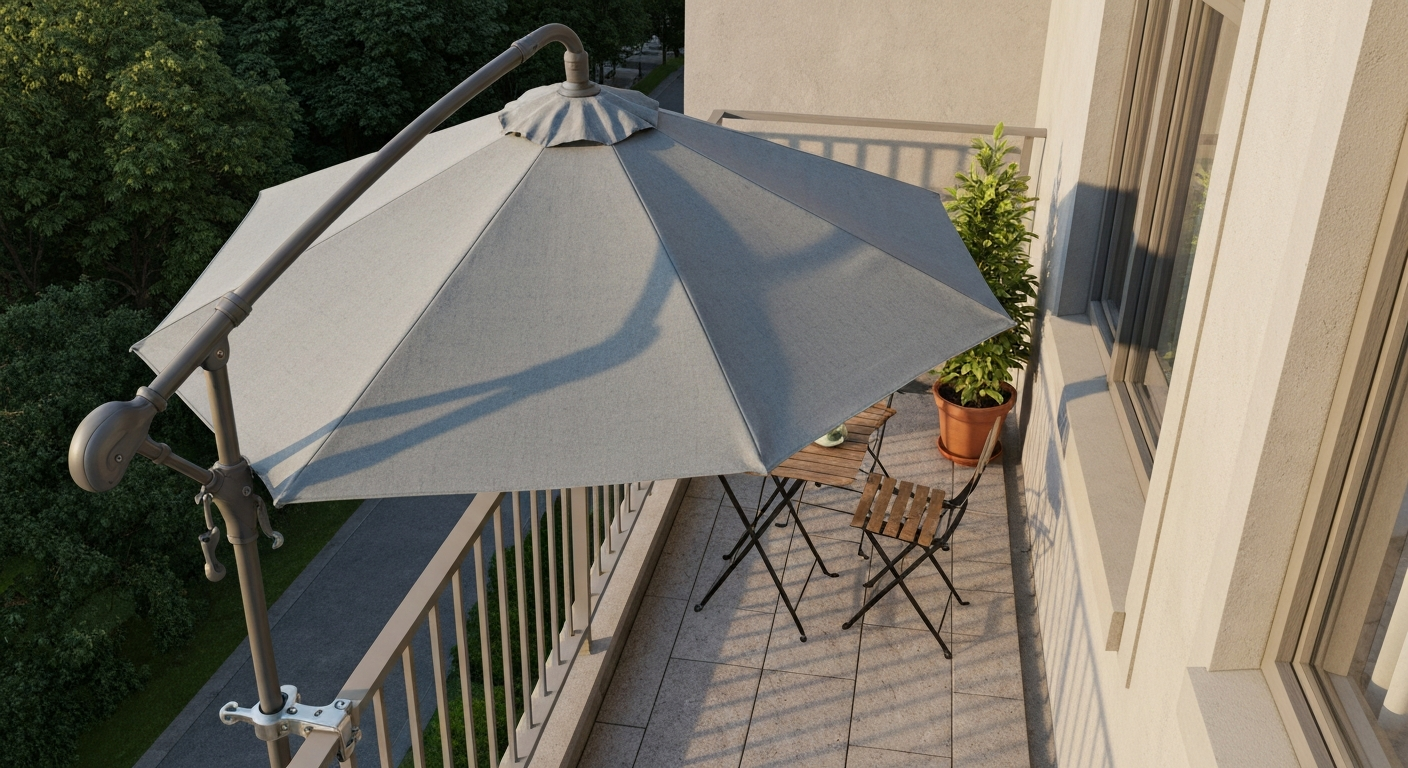 Narrow balcony with an offset cantilever umbrella clamped to the railing shading a bistro set, showing space-saving layout.