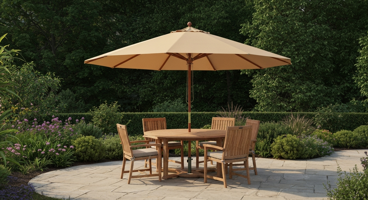 Premium beige canvas patio umbrella shading a teak dining set on a stone patio.