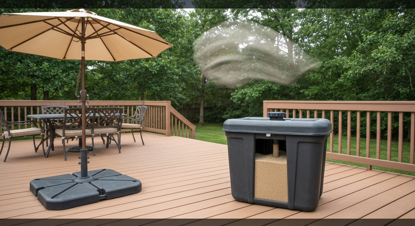 Two heavy-duty patio umbrella bases: a sand-filled cantilever base supporting a 10-foot offset umbrella and a cast-iron plate base holding a 9-foot market umbrella on a deck.