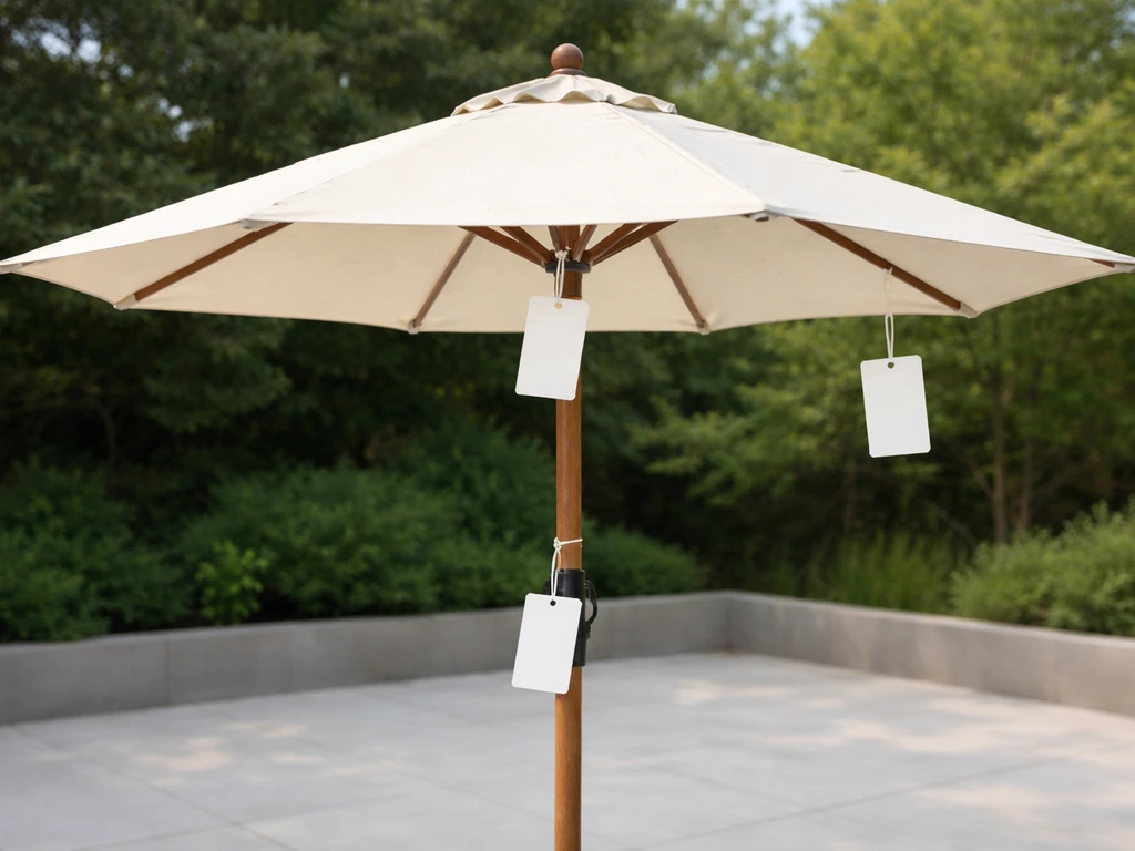 Close side view of a patio umbrella with blank labels showing different “made in” meanings.