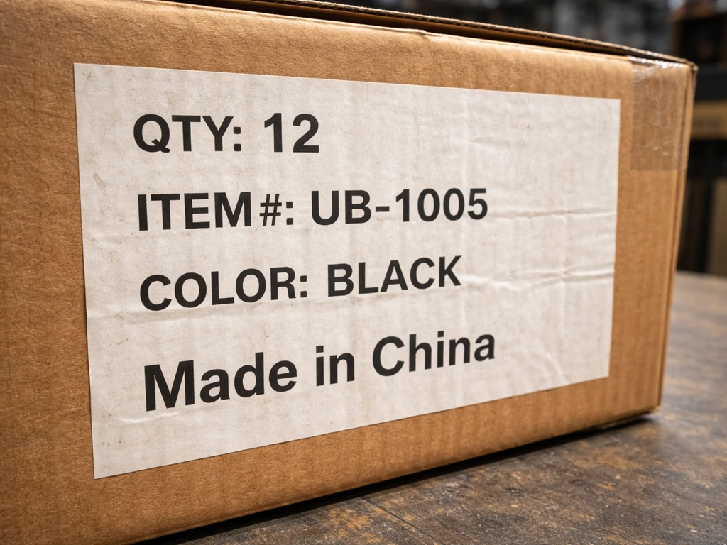 Close-up of an umbrella shipping box label with country-of-origin “Made in …” area clearly visible.