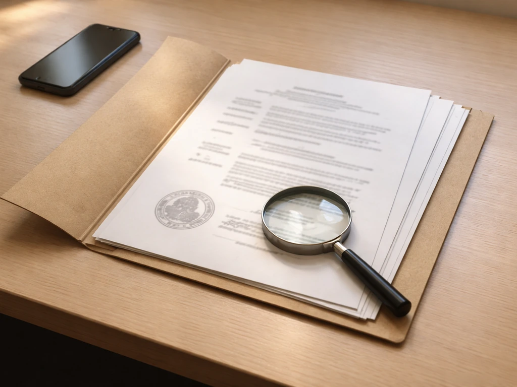 Open trademark documents and stamps on a desk with a magnifying glass, suggesting public record research.