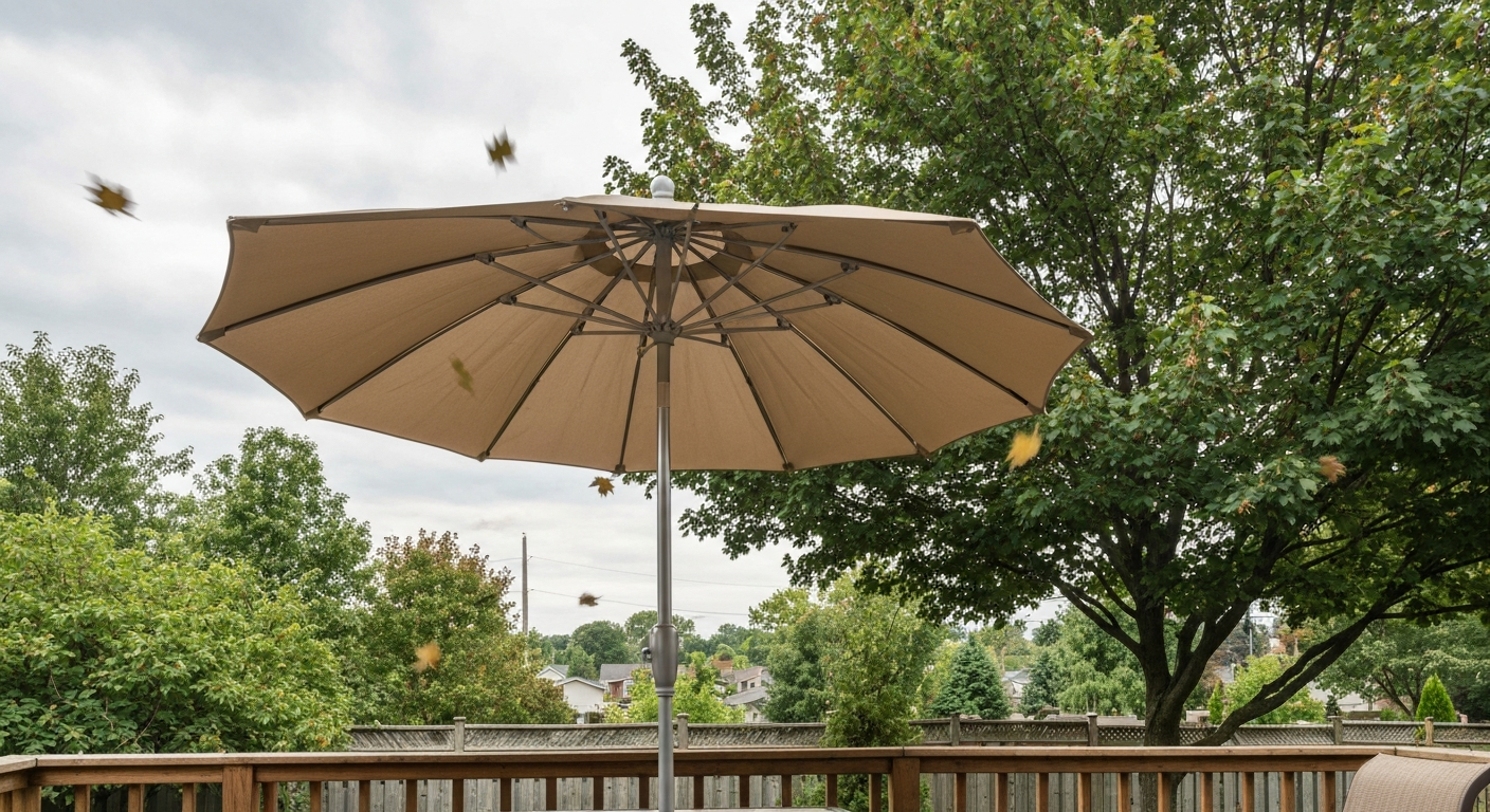 Canadian backyard with a vented 10-ft market umbrella in a heavy base, showing double-vent canopy and fiberglass ribs in windy conditions.