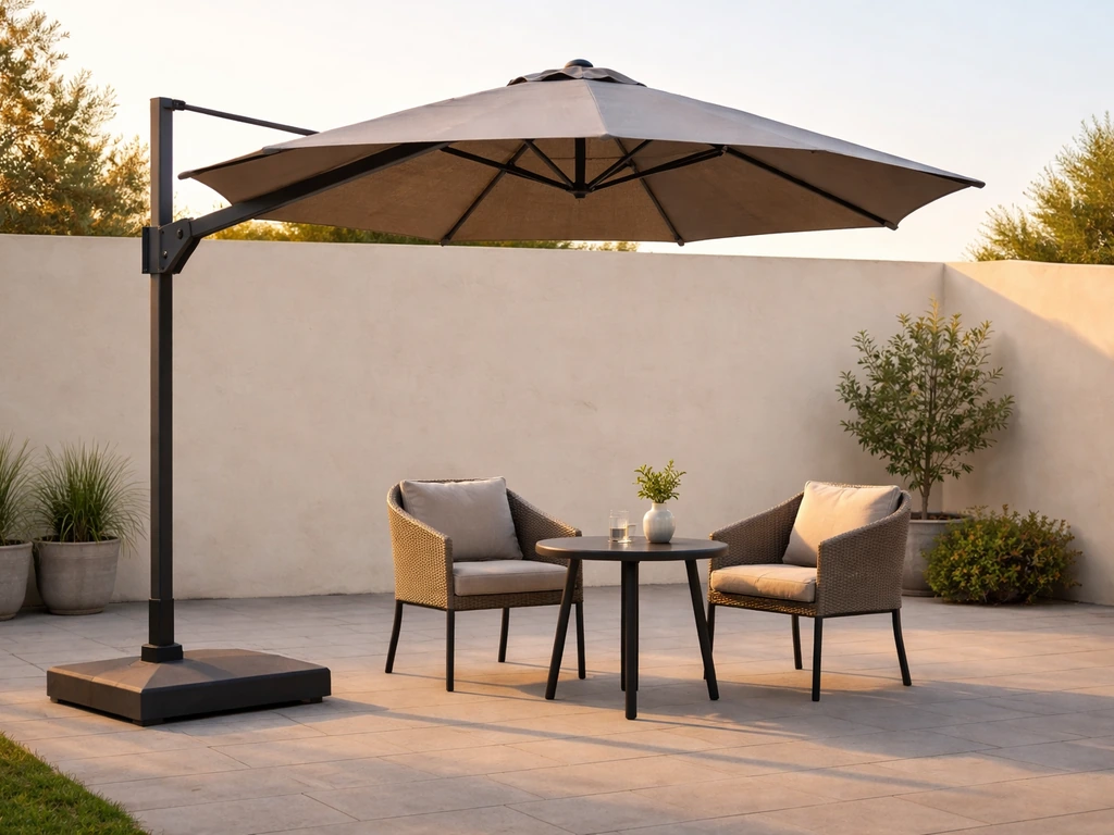 Offset cantilever patio umbrella shading a small outdoor dining set on a calm patio