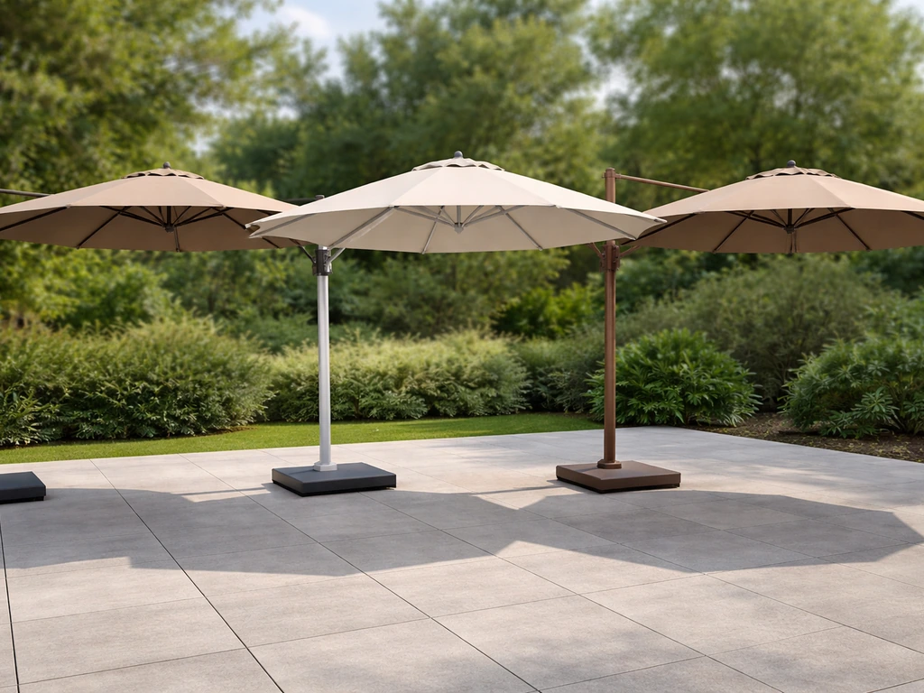 Three cantilever patio umbrellas side-by-side showing different canopy sizes and frame materials.
