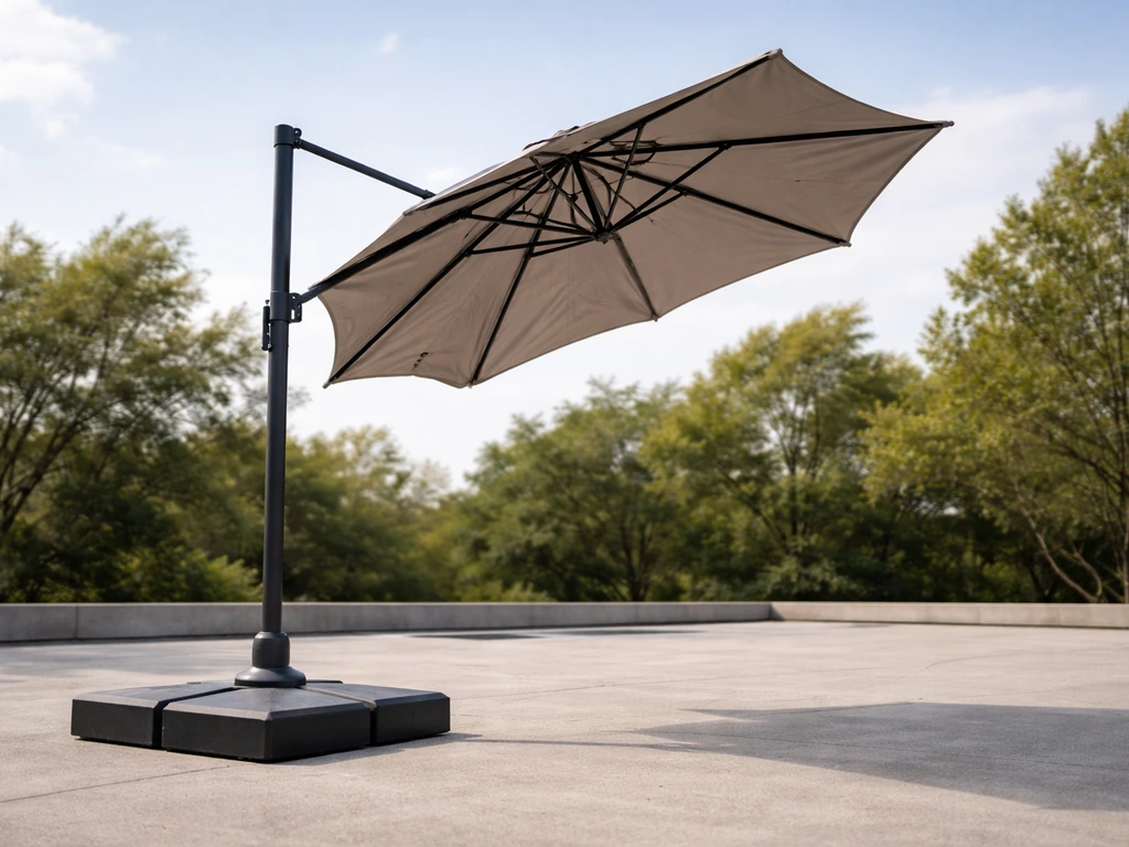 Cantilever umbrella secured to a weighted base, showing stability in strong wind gust conditions.