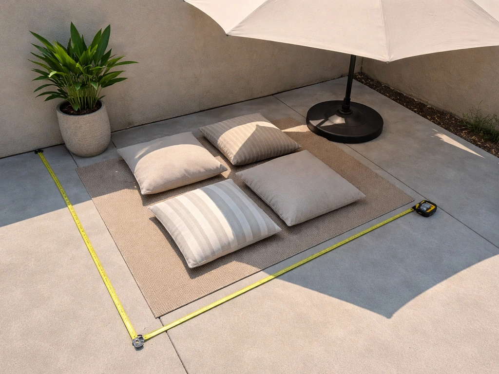 Overhead view of a patio with tape measure, cushions, and an offset umbrella casting shade.