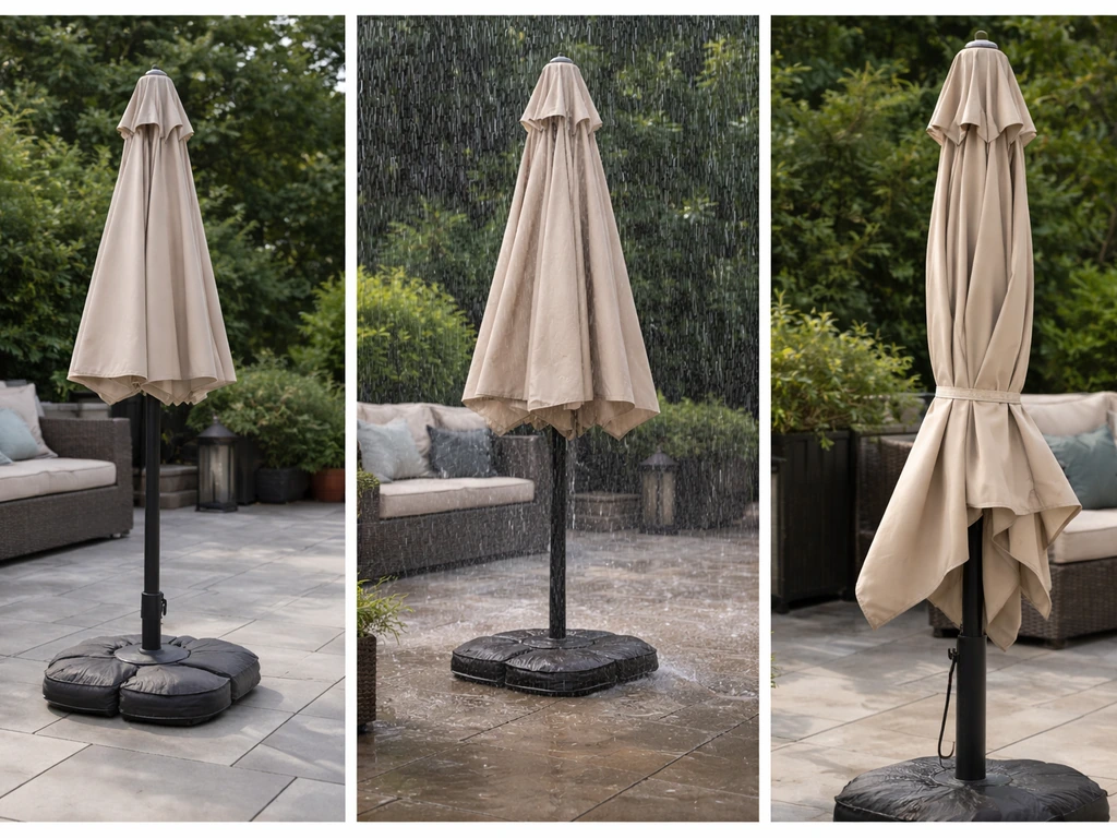 Three small umbrella setups showing mistakes: wobbling base, storm with umbrella left open, and loose latch.