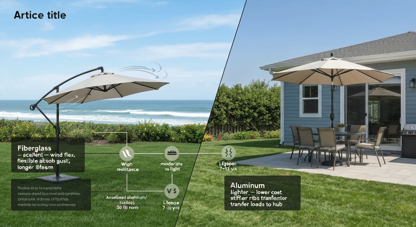 Split-scene infographic comparing fiberglass (left) and aluminum (right) patio umbrellas with labeled callouts for wind resistance, weight, cost, lifespan, and base requirements.