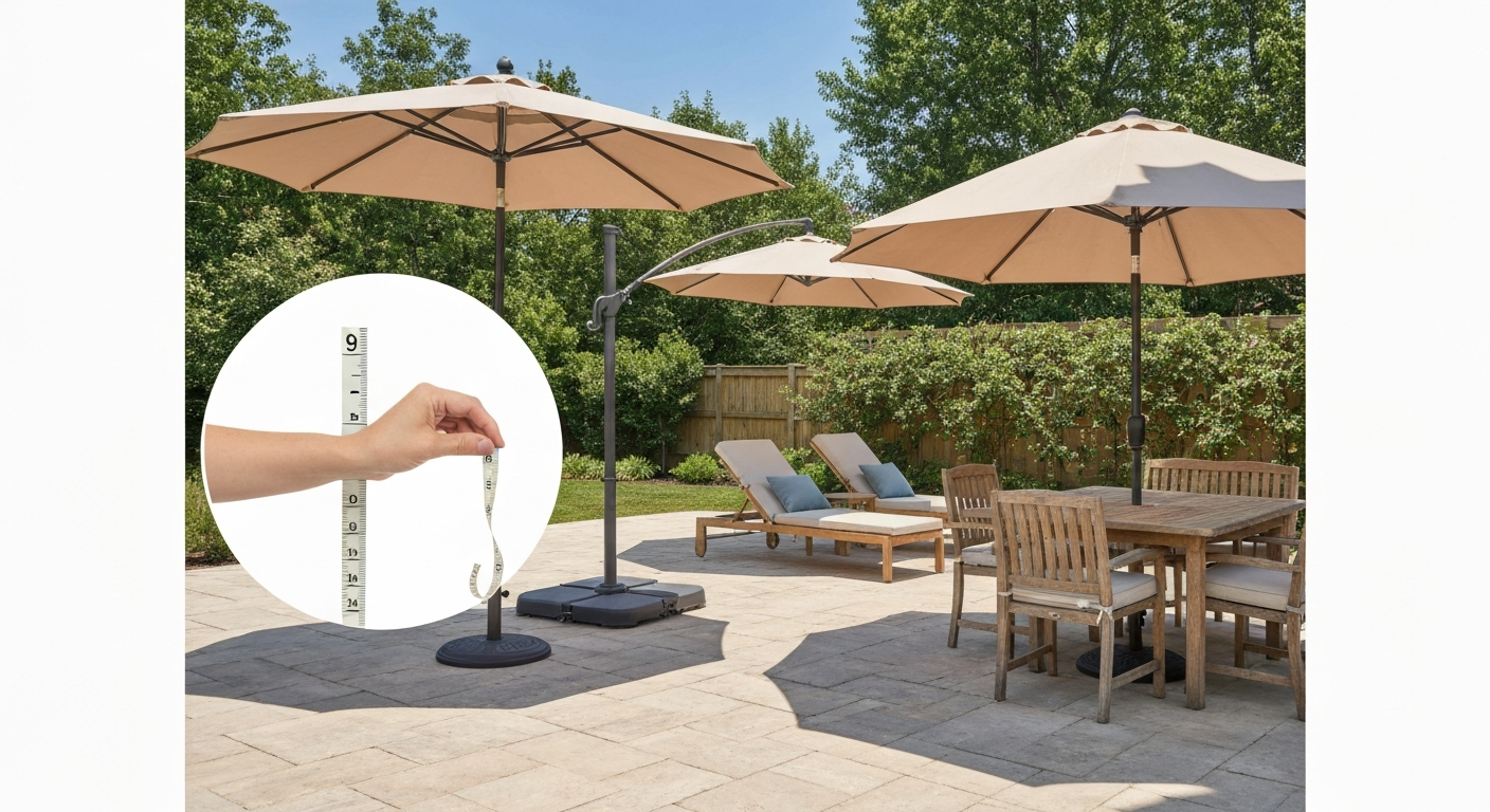 Sunny backyard patio with a center-pole market umbrella over a dining table and a cantilever umbrella shading lounge chairs; inset shows a hand measuring the umbrella pole with a tape measure. No logos or text.
