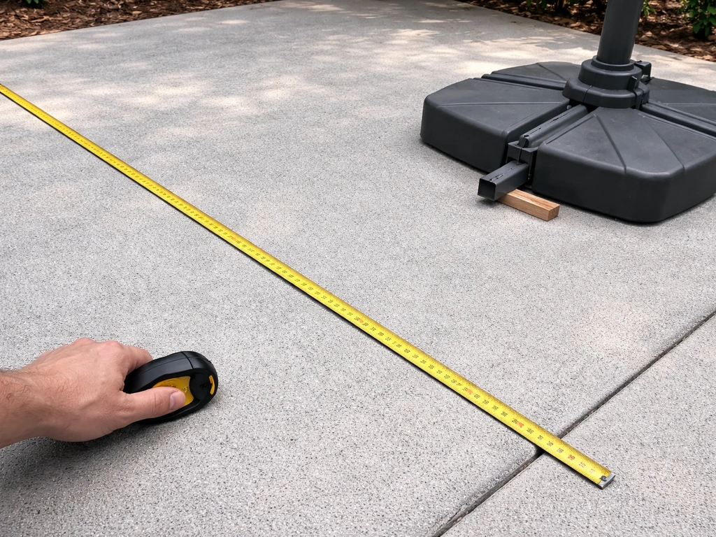 Tape measure laid on patio floor marking space for a 10ft umbrella canopy and low clearance.