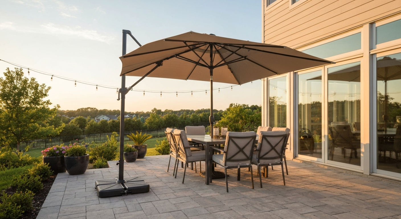 Patio dining table shaded by a 9-foot market umbrella at golden hour.