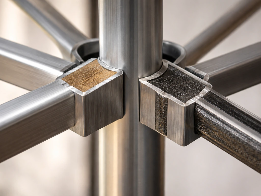 Close-up cross-section of a patio umbrella frame showing durable pole and rib materials
