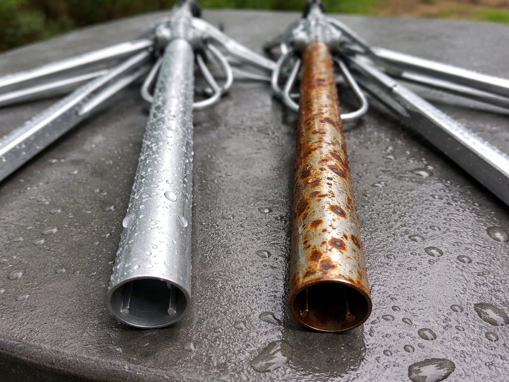 Pristine aluminum frame piece beside a steel piece with visible rust in a damp setting.