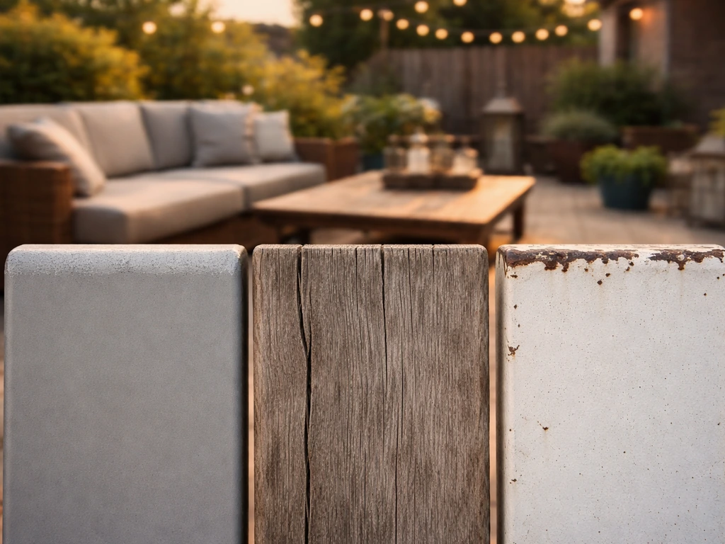 Outdoor close-up of UV-faded aluminum, weathered wood, and worn powder-coated steel after seasons.