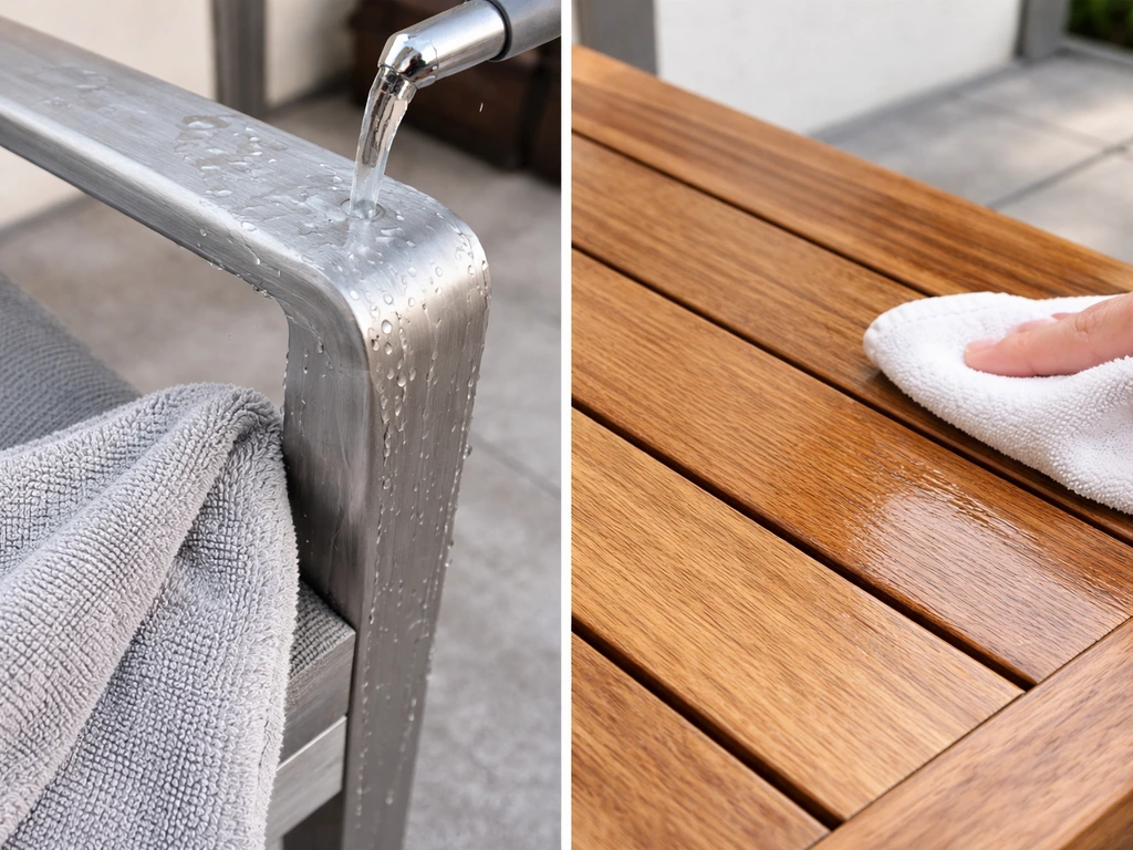 Close-up care steps: aluminum rinsed and towel-dried; wood teak oil applied with a cloth.