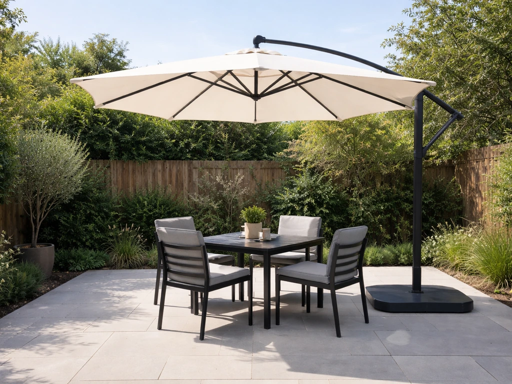 Cantilever patio umbrella shading a UK-style patio dining area with an off-center post in view.