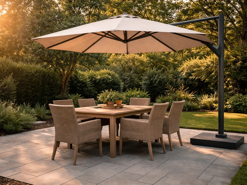 Open cantilever umbrella with offset arm keeping the patio dining table center clear