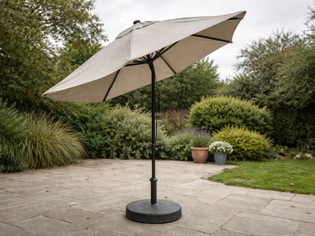 An umbrella with a heavy base secured in breezy outdoor wind, canopy angled realistically