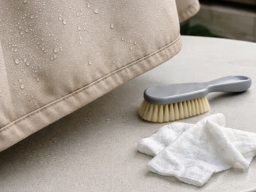 Closeup of faded umbrella canopy fabric with water beads and a cleaning brush beside wipes