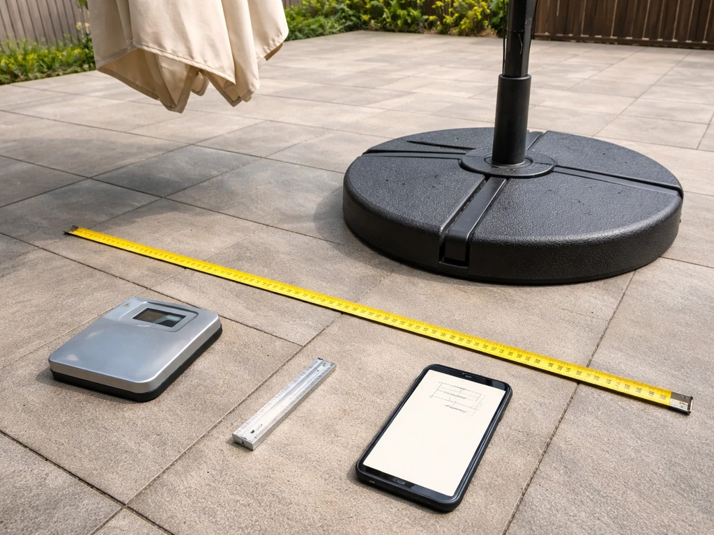 Minimal photo of an umbrella base with measuring tape, a weight scale, and a phone showing blank dimension notes