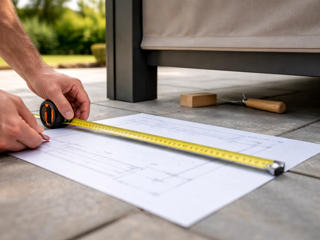 Tape measure laid across a patio footprint plan with visible overhead clearance near a pergola/awning.