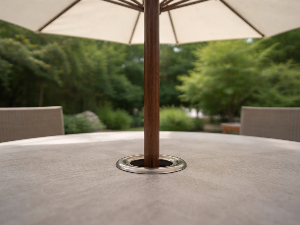 Close view of a center-pole market umbrella’s pole through a dining table hole, canopy fully open.