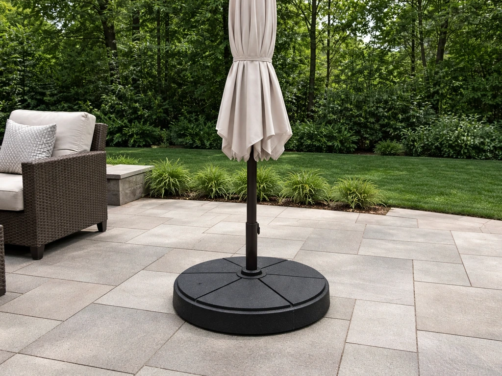 Stable patio umbrella with a large weighted base centered on the patio, pole secured and clear of edges.